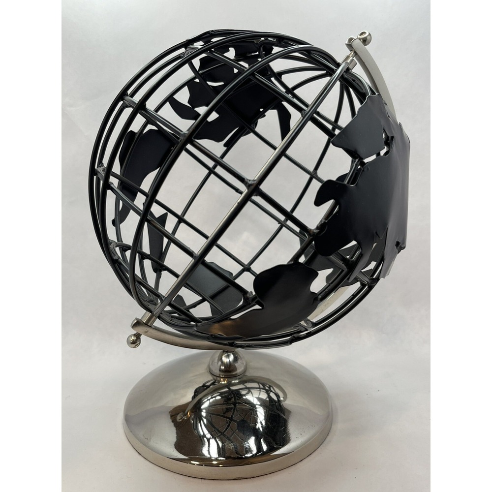 Metal Rustic World Globe Rotating On Brushed Nickel Pedestal Desktop Decor